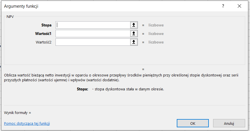 Okno konfiguracyjne funkcji NPV
