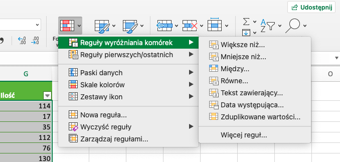 Reguły wyróżniania komórek w formatowaniu warunkowym w Excelu.