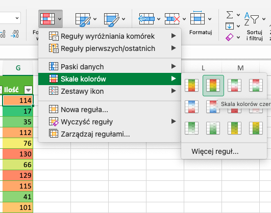 Skale kolorów w formatowaniu warunkowym arkusza Excel.